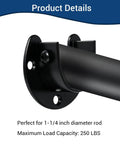 Stainless Steel Closet Rod Holders Set For 1-1/4 Inch Poles, U-Shaped Wall Mount Brackets End Supports, Anti Slip Locking Design, Durable Black Finish, 2 Pack close-up with rod and mounting holes