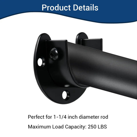 Stainless Steel Closet Rod Holders Set For 1-1/4 Inch Poles, U-Shaped Wall Mount Brackets End Supports, Anti Slip Locking Design, Durable Black Finish, 2 Pack close-up with rod and mounting holes