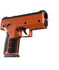 Top Shelf Non Lethal Kinetic Launcher Setup For Real Talk Home Defense And Street Smart Personal Protection With Sticky Honeycomb Grip Fast Aim Optics Orange Design Proudly Made In Usa, compact orange launcher with grip.