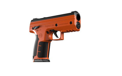Top Shelf Non Lethal Kinetic Launcher Setup For Real Talk Home Defense And Street Smart Personal Protection With Sticky Honeycomb Grip Fast Aim Optics Orange Design Proudly Made In Usa, compact orange launcher with grip.