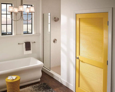 Antique Brass Hall And Closet Door Handle, Non Locking Passage Door Lever, Reversible For Interior Doors, Easy Install With Self Aligning Screws, Durable Zinc Alloy, Classic Finish on yellow louvered bathroom door