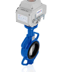 Snag This Badass 12 Inch Wafer Butterfly Valve With 24V DC Electric Actuator For Heavy Duty Industrial Flow Control Featuring Stainless Steel Disc And Reliable EPDM Seal For Water Services with blue body and stainless disc
