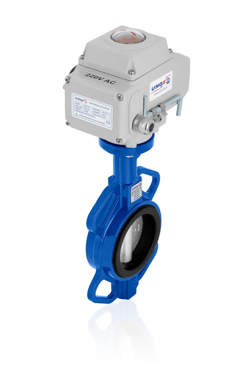 Snag This Badass 12 Inch Wafer Butterfly Valve With 24V DC Electric Actuator For Heavy Duty Industrial Flow Control Featuring Stainless Steel Disc And Reliable EPDM Seal For Water Services with blue body and stainless disc