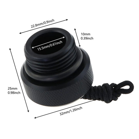 Black DIN Scuba Tank Valve Dust Plug Cap with Male Thread dimensions shown, durable plastic shield for 200/300 Bar, rustproof