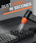 Cordless Air Duster 130000 RPM With 3 Gear Speed Handheld Blower in use on a keyboard, showcasing dust removal in seconds.