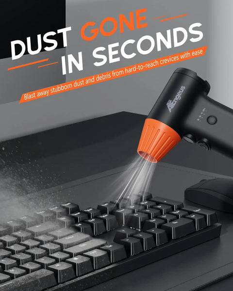 Cordless Air Duster 130000 RPM With 3 Gear Speed Handheld Blower in use on a keyboard, showcasing dust removal in seconds.