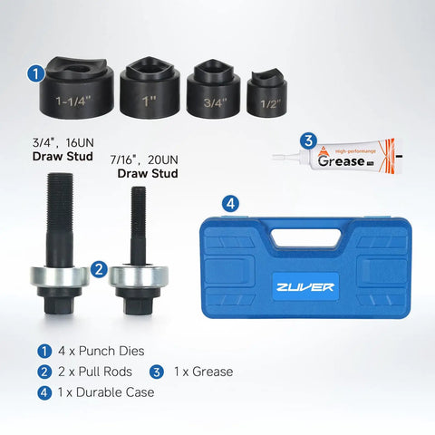 Pro Grade Manual Knockout Punch Kit With Heavy Duty Die Set showing dies, pull rods, grease, and carrying case for clean, burr-free holes.