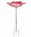 Handmade Glass Bird Bath With Red Finish On A Sturdy Three Prong Metal Stake For Garden Or Backyard Use, A Feeder And Bath Combo