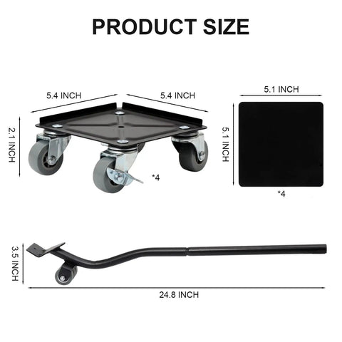 Heavy Duty Furniture Movers With 360 Degree Roller Wheels Set Includes Lifter Tool dimensions showing roller base, sliders and lift handle.