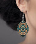 Dark Orange Laser Cut Wood Pendant Earrings For Women With Copper White Gold Plating Lightweight Hypoallergenic geometry close-up
