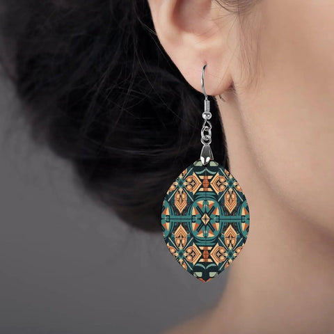 Dark Orange Laser Cut Wood Pendant Earrings For Women With Copper White Gold Plating Lightweight Hypoallergenic geometry close-up