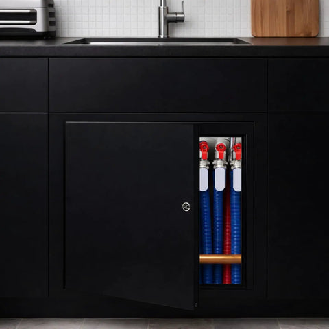 Heavy Duty Aluminum Access Panel For Drywall With Hinged Black Finish 12 By 12 Inch showing plumbing access behind black cabinet.