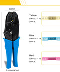 Butt crimping tool with blue handles beside yellow, blue and red heat-shrink butt connectors (20/90/90 pcs)