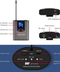 Wireless System With Dual Headset And Lavalier Mics, Bodypack Transmitters, Mini Receiver with control labels and ports