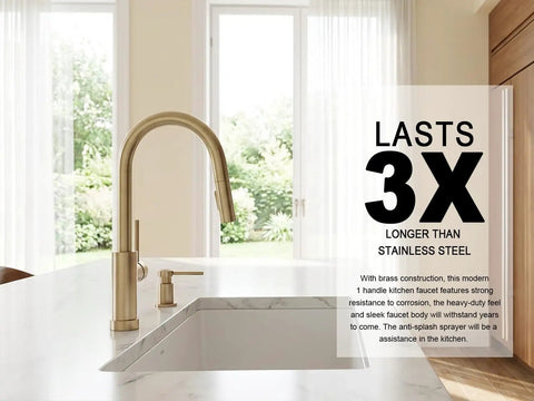Modern Champagne Gold Kitchen Faucet With Pull Down Sprayer And Dual Function Head, Single Hole Brass Build showcased beside sink.