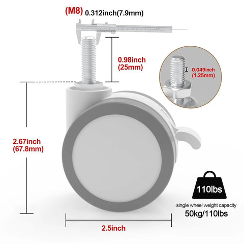 Lockable Stem Caster Wheels Set Of 4, 2.5 Inch White Swivel Casters With M8 Metric Threads, Each 110lbs Load Capacity diagram