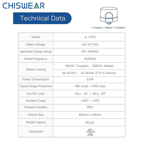 Technical data for Twist Lock Photocell Dusk To Dawn Auto On Off Light Switch, IP65 protection, 235 Joule surge protection, model JL-215C.