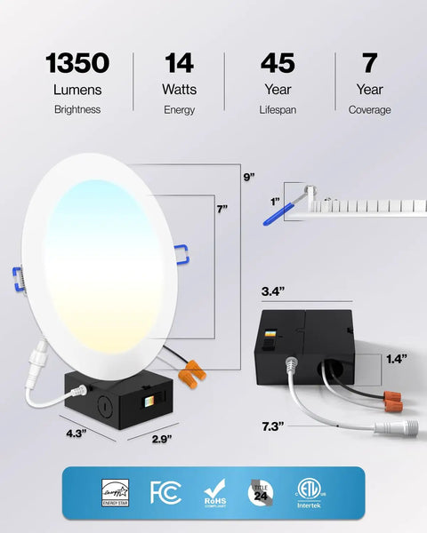 Diagram showing dimensions and specs of Six Pack 8 Inch Dope Ultra Thin LED Recessed Lights With Canless Smooth Trim And Junction Box
