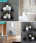 2 Pack Hassle Free Bathroom Corner Shelf With Heavy Duty Self Adhesive Shower Caddy And 4 Hooks For Kitchen And Toilet Solid Space Aluminum No Drill Storage Rack, mounted in shower and bathroom corners, holding bottles.