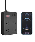 Weatherproof Outdoor Power Strip With 4 Outlets And 3 USB Ports, IPX4 Water Resistant Surge Protector next to a smartphone.