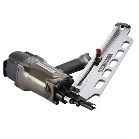 21 Degree Full Round Head Framing Nailer with Tool Free Depth Adjustment, lightweight aluminum body, and non slip rubber grip shown.