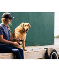 Person fishing with Dock Runner Spinning Reel And Fishing Rod Combo 36 Inch Medium Action Multi Piece Rod beside a dog on a dock