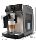 Top Shelf Fully Automatic Espresso Machine With Smart Touch Controls And Smooth Milk Frother brewing latte in glass cup.