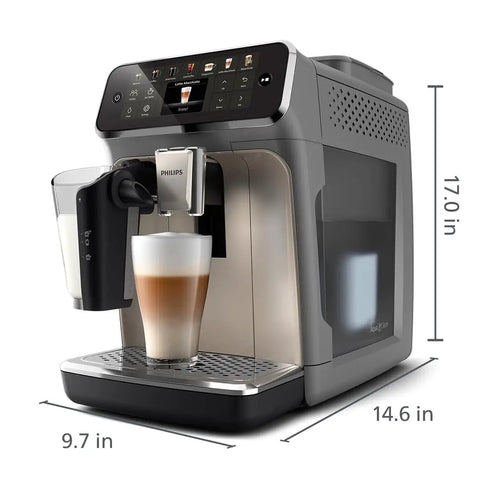 Top Shelf Fully Automatic Espresso Machine With Smart Touch Controls And Smooth Milk Frother brewing latte in glass cup.