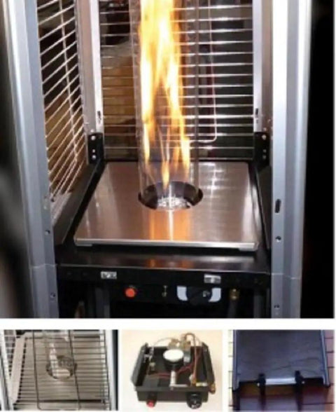 Three Bolt Replacement Burner For Square Glass Tube Heaters With Regulator And Safety Features, in use and components