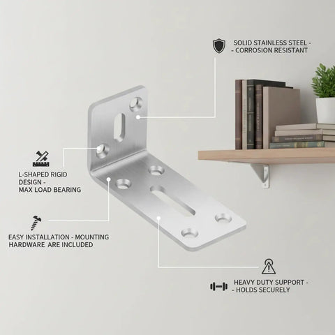 Sturdy 3.15 Inch Stainless Steel L Shaped Bracket Wall Mount for Floating Shelves, showing right angle support and mounting points.