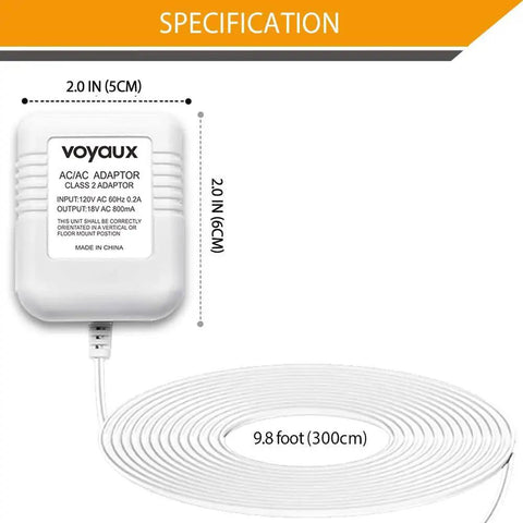 Universal 18V 800mA Doorbell Transformer Power Adapter for Video Doorbells with 9.8 ft cable and size specifications