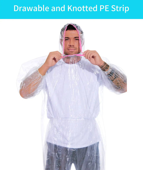 Plus Size Disposable Rain Poncho Set With Hood, 2 Pack Heavy Duty Waterproof, man adjusting hooded PE poncho