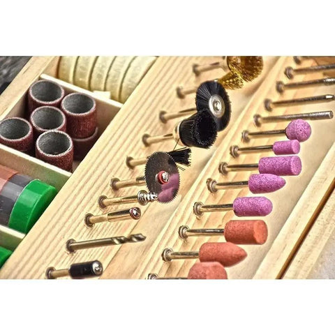 Hella Versatile 100 Piece Rotary Tool Accessory Set Featuring 1/8 Inch Shank Abrasive Burrs Precision Cutting Wheels and Brush Polishing Tips.