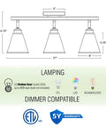 Ellis 27 Inch Industrial 3 Light Track Lighting With Adjustable Heads, schematic, vintage oil-rubbed bronze finish dimensions