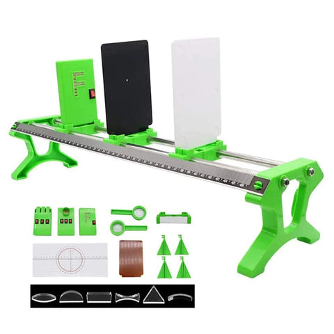Physics Optics Lab Kit For Pinhole Imaging And Lens Experiments Versatile Optical Experiment Box Bench With Two Focal Length Convex Lenses LED Light Source Diffuser Screen And Hands On Light Refraction Projects, green plastic optical bench with lenses and screens