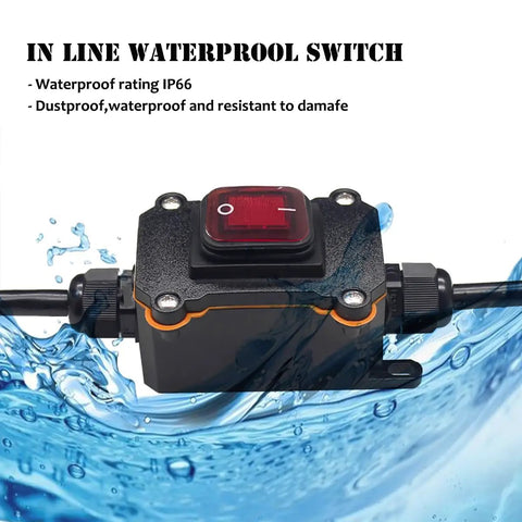 Waterproof Inline Cord Switch With Red Light Rocker Button DPST On Off Toggle Switch For Outdoor Use 20A 125V And 16A 250V Heavy Duty Start Stop Power Switch With Dual Entry And Exit Lines, IP66