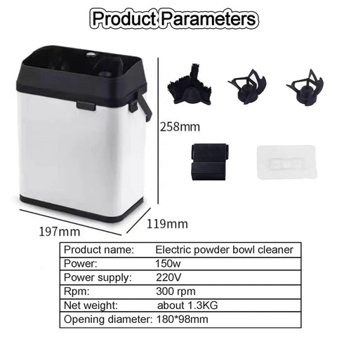 No Muss No Fuss Electric Portafilter Cleaner And Automatic Knock Box Disposes Used Espresso Grounds with dimensions and accessories displayed.