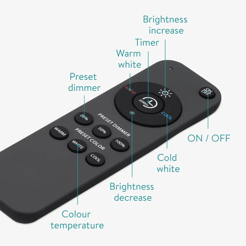 Close-up of remote control for Flush Mount Drum Ceiling Light With Remote Control, 12.6 Inch Diameter LED Fixture, dimming and color adjustment.
