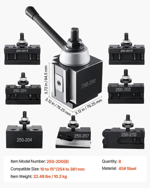 8-Piece Quick Change Tool Post Set for 10 to 15 Inch Lathes with tool holders and heavy duty steel build, fits M16x1.5 threads.