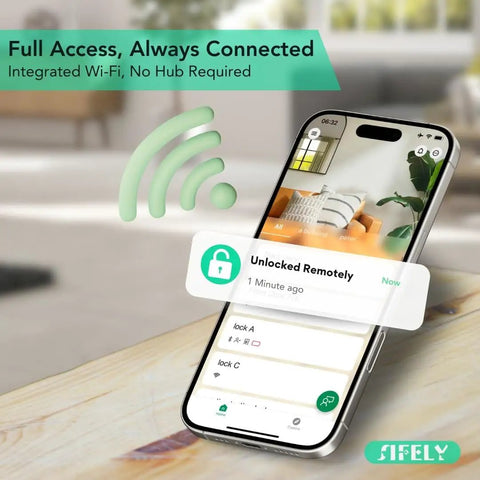 Smartphone displaying unlocked status for Fingerprint Smart Door Lock With Handle And Keypad Built In WiFi No Gateway Needed For Remote Access.
