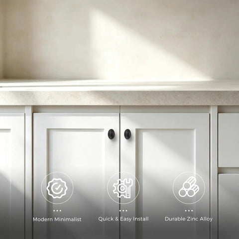 10 Pack Oval Zinc Alloy Cabinet Knobs With Straight Up Matte Black Finish on white cabinets with countertop.