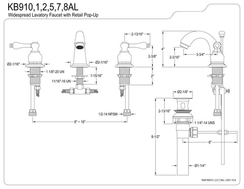 Technical diagram of Polished Chrome Victorian Mini Widespread Lavatory Faucet With Solid Brass Duraseal Drip Free 1.2 GPM At 60 PSI Easy No Fuss Install 4 Inch Center Deck Mount 8 To 16 Inch Spread 3 Hole Installation Pop Up Drain Included showing dimensions.