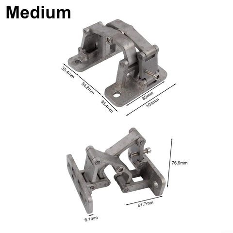 Front and side views of a stainless steel invisible door hinge with mounting bases; adjustable heavy-load hinge for fire doors.
