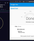 Comparison of internet speed tests with one showing 916 Mbps download and 28.5 Mbps upload, and another showing 903 Mbps download and 36.2 Mbps upload.