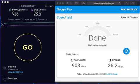 Comparison of internet speed tests with one showing 916 Mbps download and 28.5 Mbps upload, and another showing 903 Mbps download and 36.2 Mbps upload.