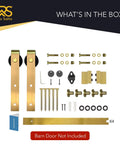 Gold Barn Door Hardware Kit For Sliding Doors, Modern Brushed Brass Finish, components laid out with screws and brackets, door not included.