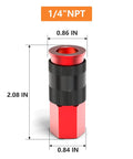 12 Pack Aluminum One Quarter Inch Female AMT Universal Air Coupler Quick Connect For Air Hoses One Quarter Inch NPT Female Threads Durable Red Body With Black Sleeve Interchangeable With IM AR Pro Grade Built To Last For Pros And DIY with size dimensions visible