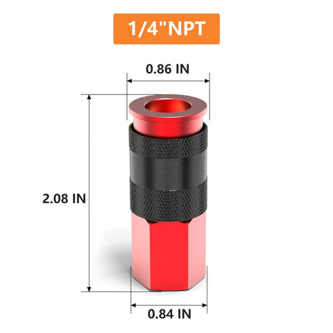 12 Pack Aluminum One Quarter Inch Female AMT Universal Air Coupler Quick Connect For Air Hoses One Quarter Inch NPT Female Threads Durable Red Body With Black Sleeve Interchangeable With IM AR Pro Grade Built To Last For Pros And DIY with size dimensions visible