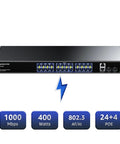 Front view of 24 Port Gigabit PoE Switch With 400W Budget, 802.3af/at compliant, showing ports and features for network connectivity.