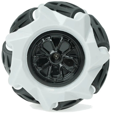 60Mm Mecanum Omni Wheel front view, ABS rubber, gray black, DIY robotics, compatible with major kits and brick built cars.